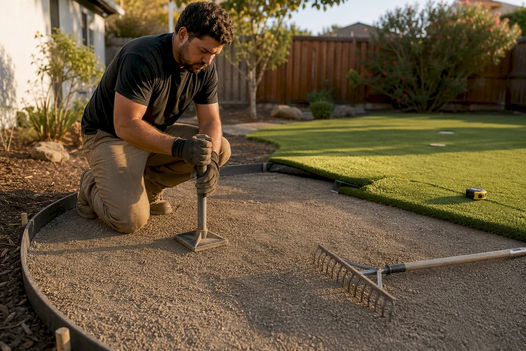 Compacting crushed stone base for golf chipping area