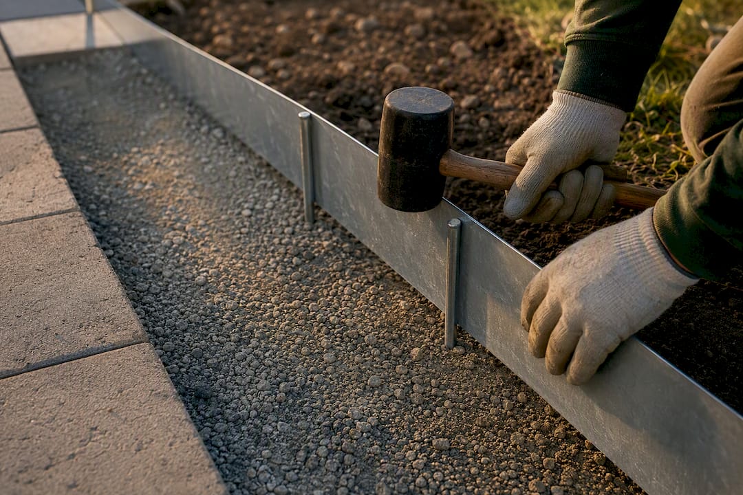 Galvanized steel edging anchored with stakes