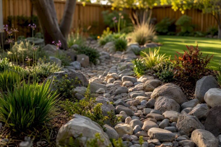 Meandering dry creek bed with river rocks and plants