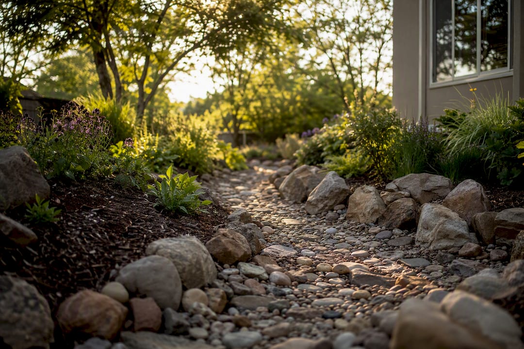 Curving creek bed with natural stones and native plants