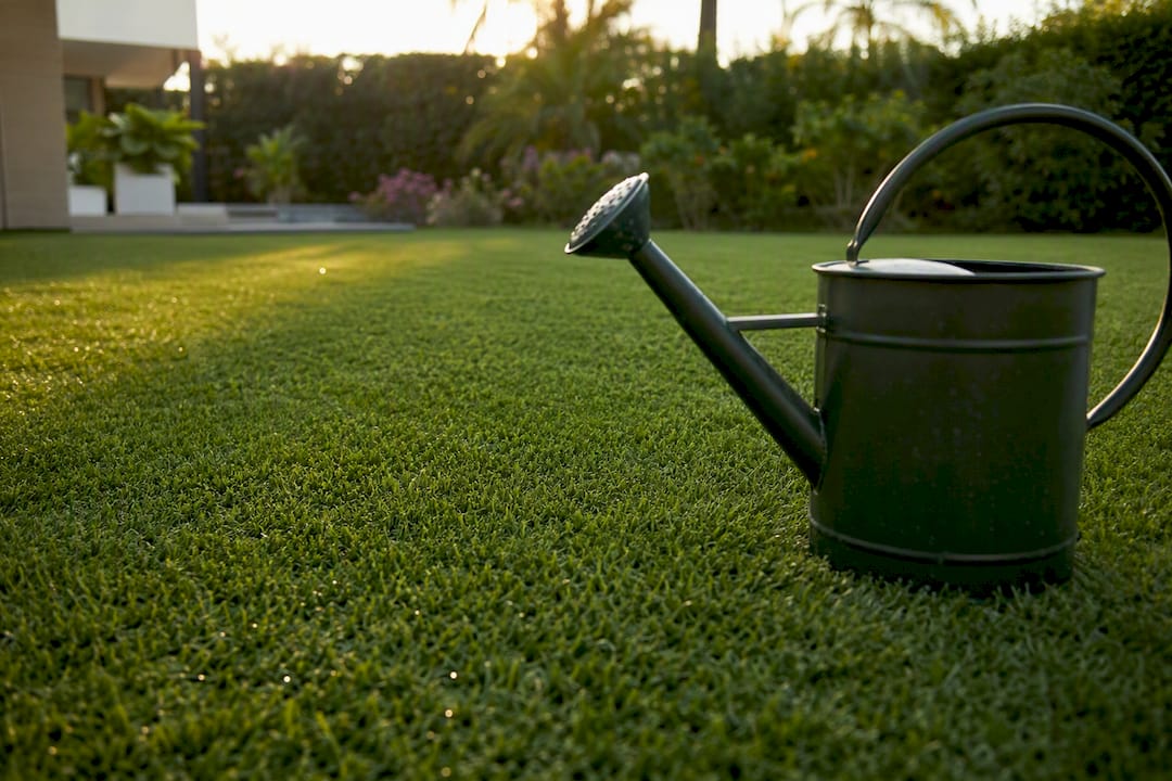 Sunlit artificial turf surface close-up