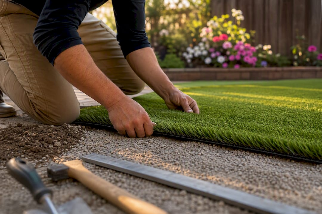 Hands installing artificial turf on gravel base