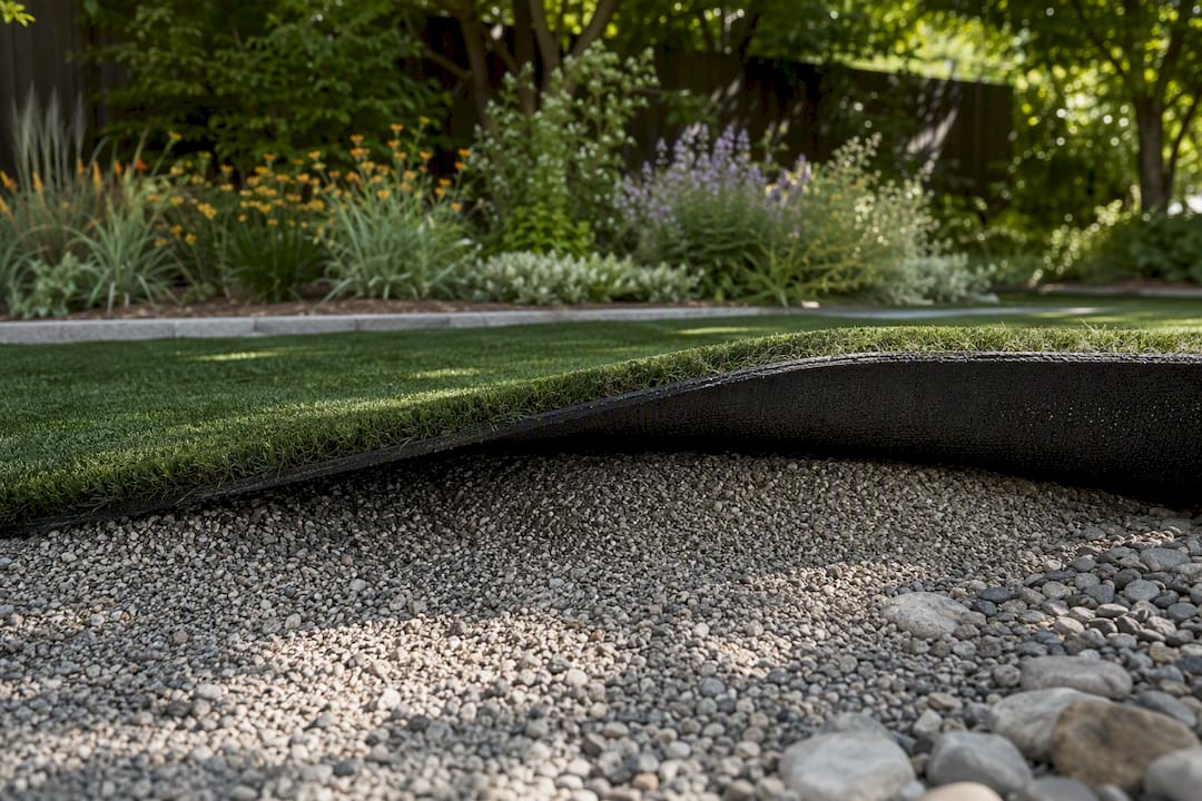 Close-up of turf edge showing aggregate drainage base