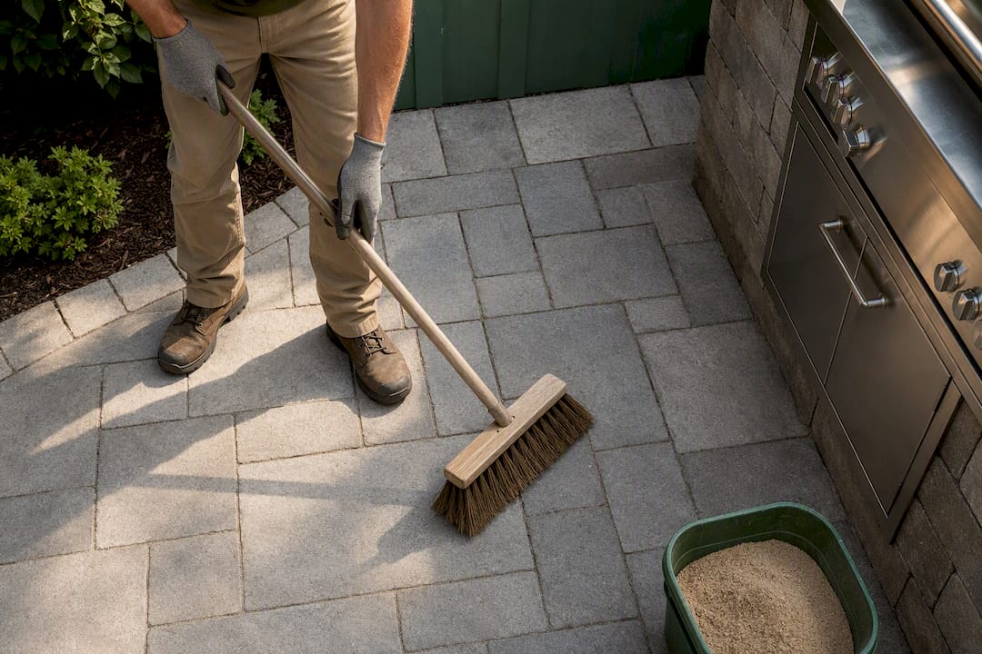 Sweeping debris from outdoor paver kitchen patio