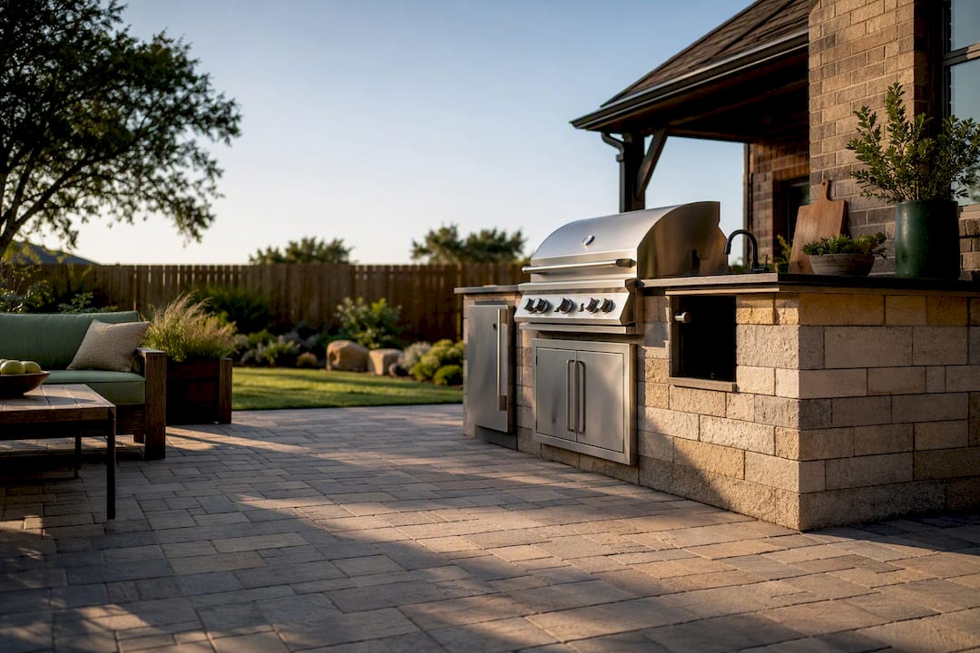 Outdoor kitchen constructed on paver patio