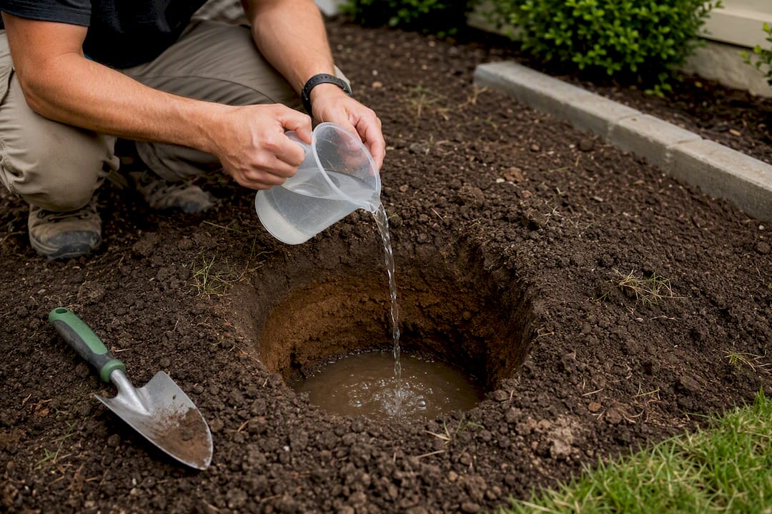 Hands conducting a backyard soil percolation test
