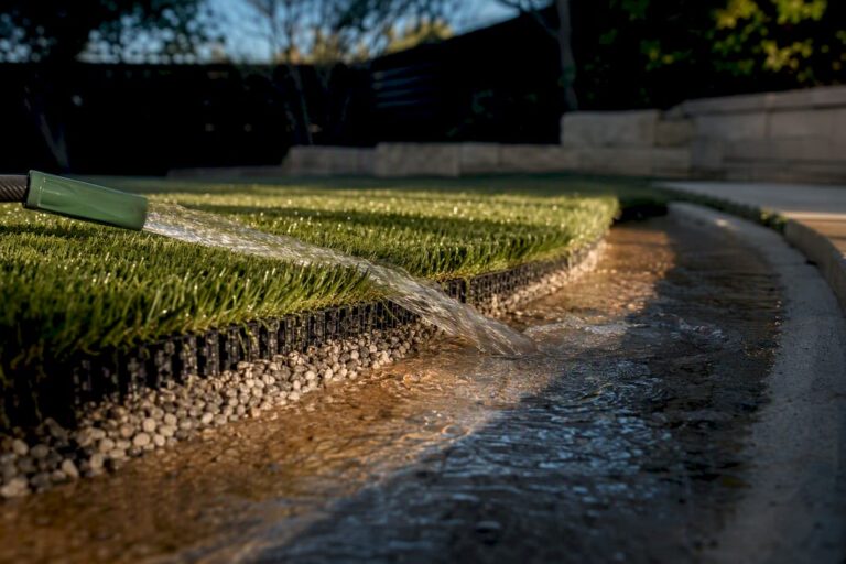 Water draining through pet turf during hose test