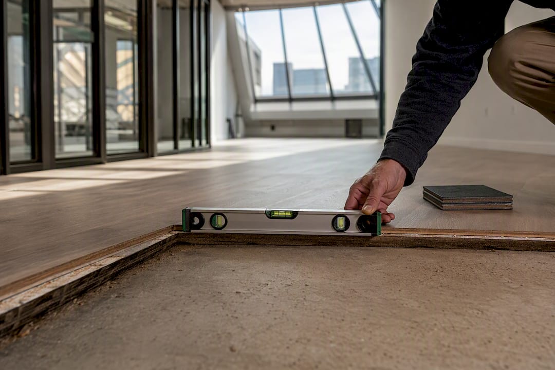 Exposed office subfloor during site inspection