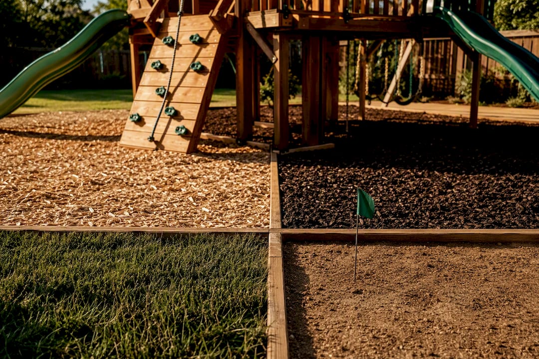 Backyard play area with varied fall surfaces