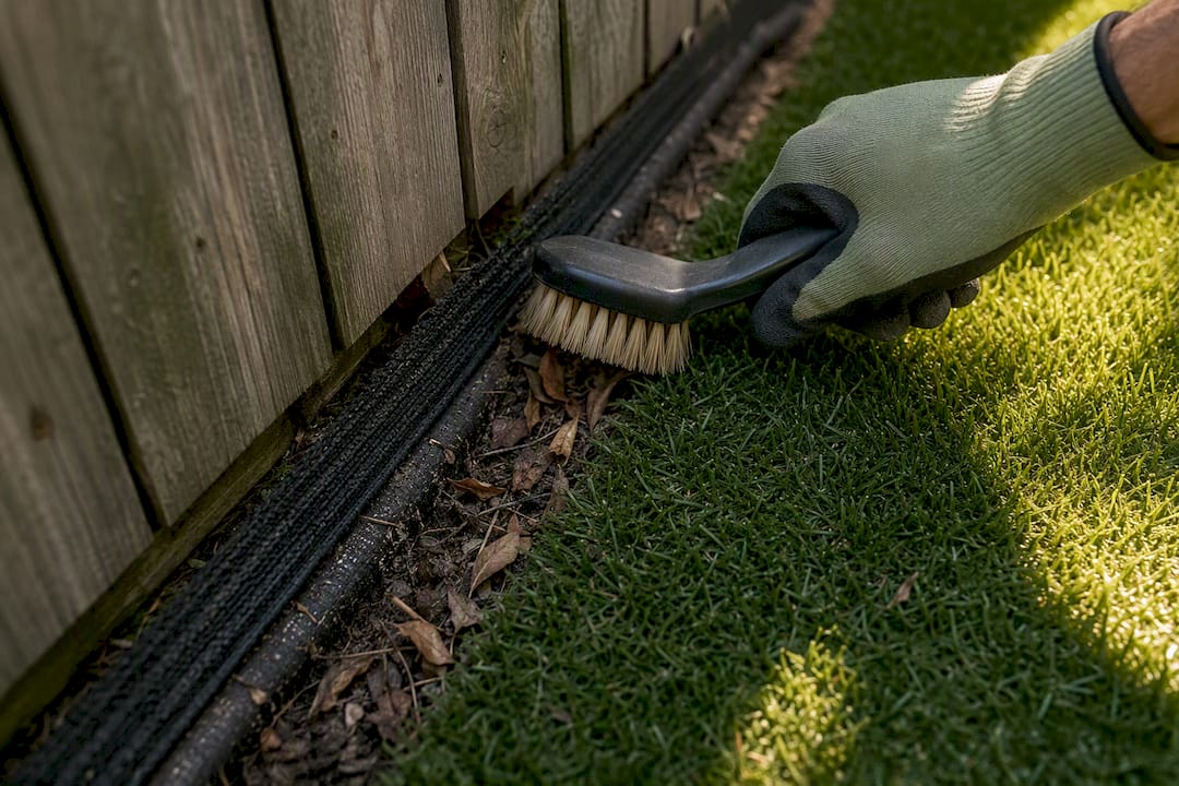 Debris collected in a shaded turf seam