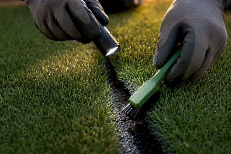 Installer inspecting pests along a turf seam
