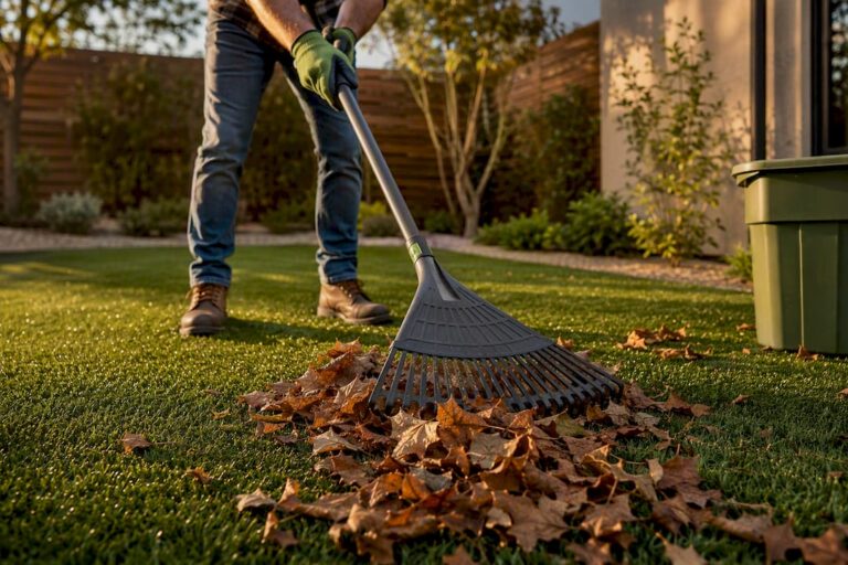 Homeowner raking leaves from artificial turf