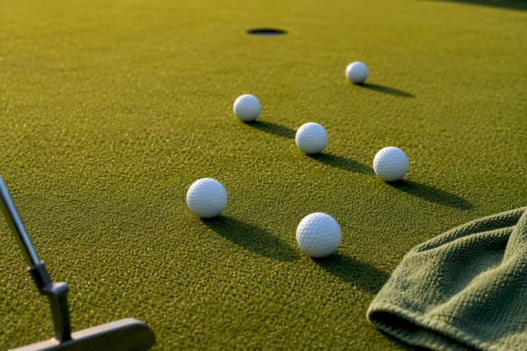 Six golf balls rolling across putting green