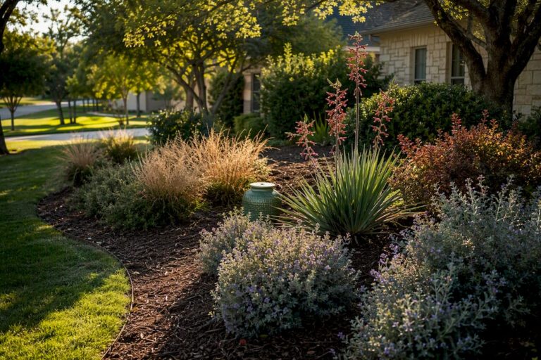 Dallas yard with drought tolerant plant groupings