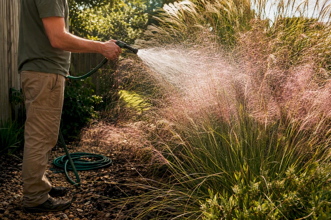 Hose rinsing ornamental grasses for mites