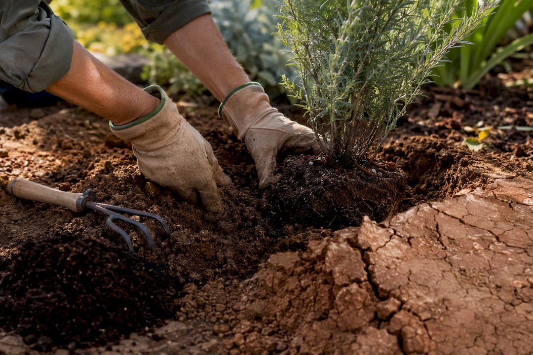 Hands loosening dense Dallas clay soil