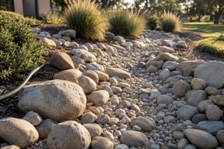 Mixed river rock sizes in a dry creek bed