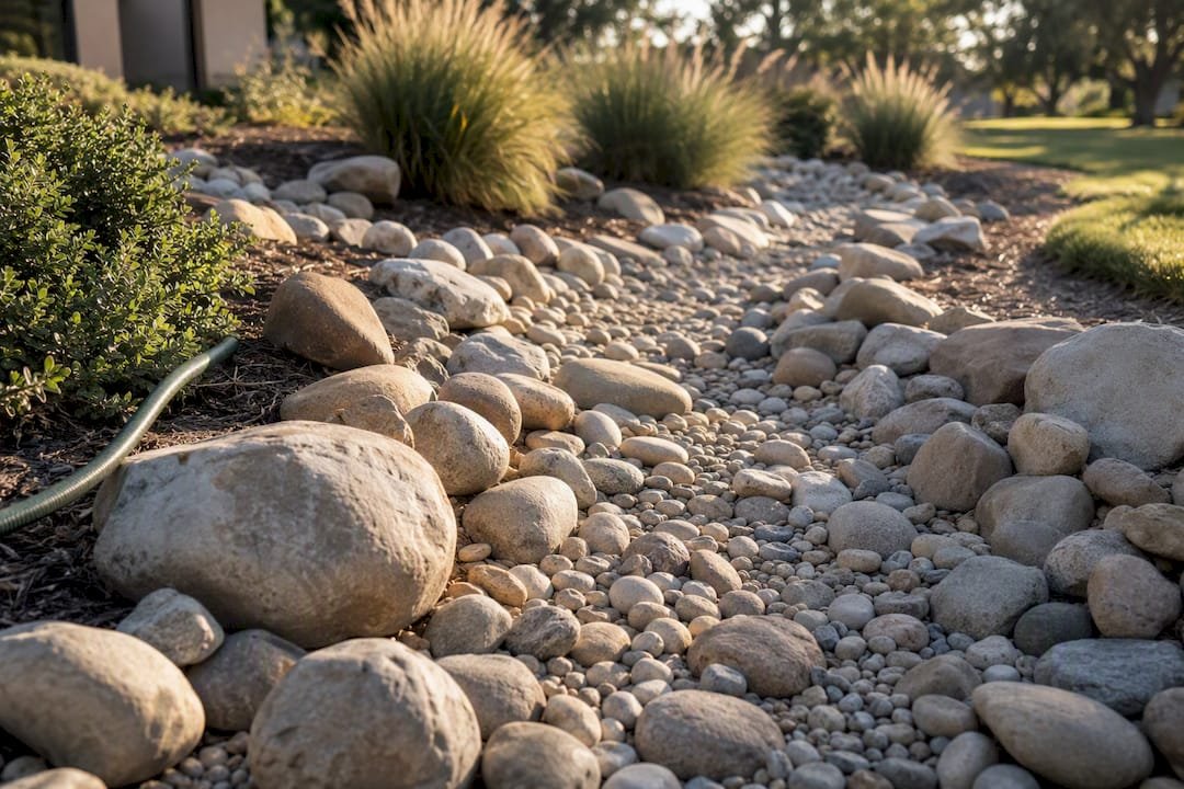Mixed river rock sizes in a dry creek bed