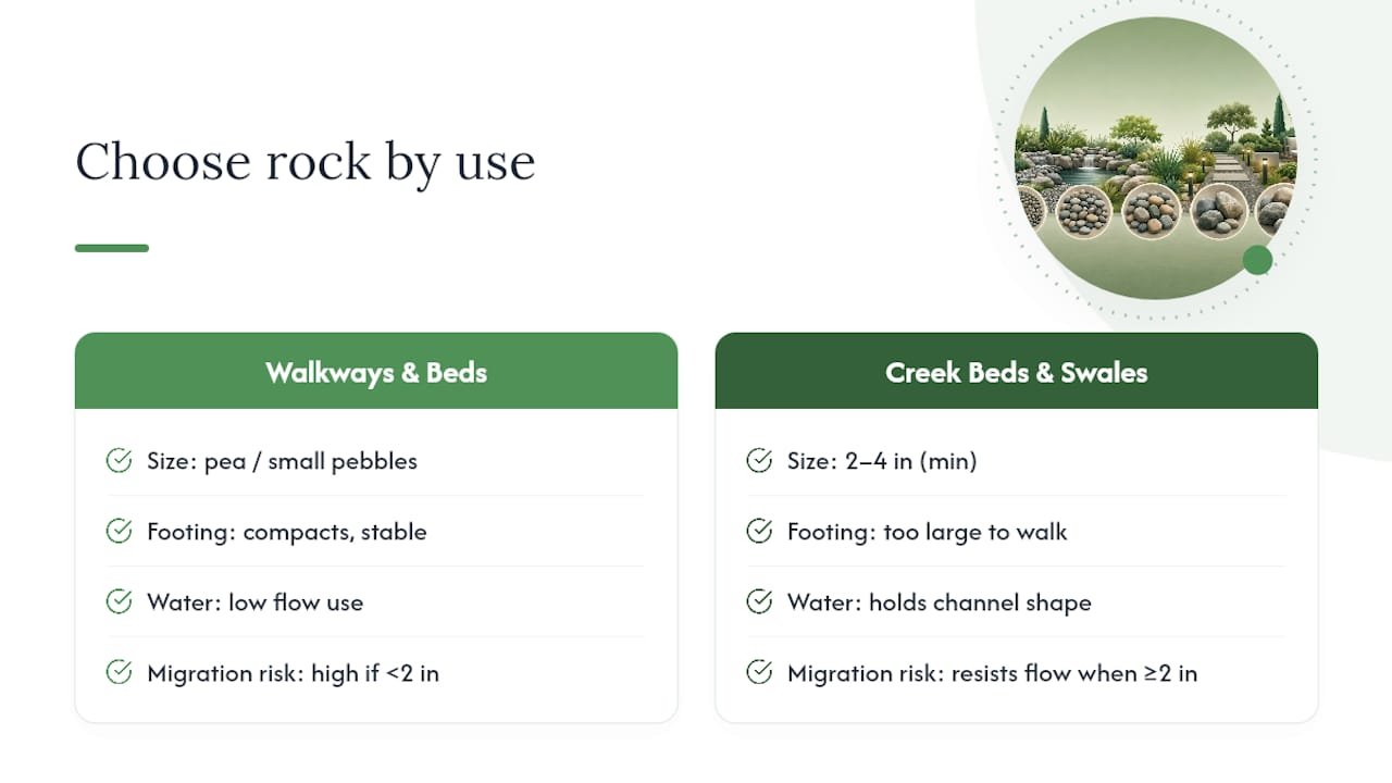 River rock sizes matched to landscape applications