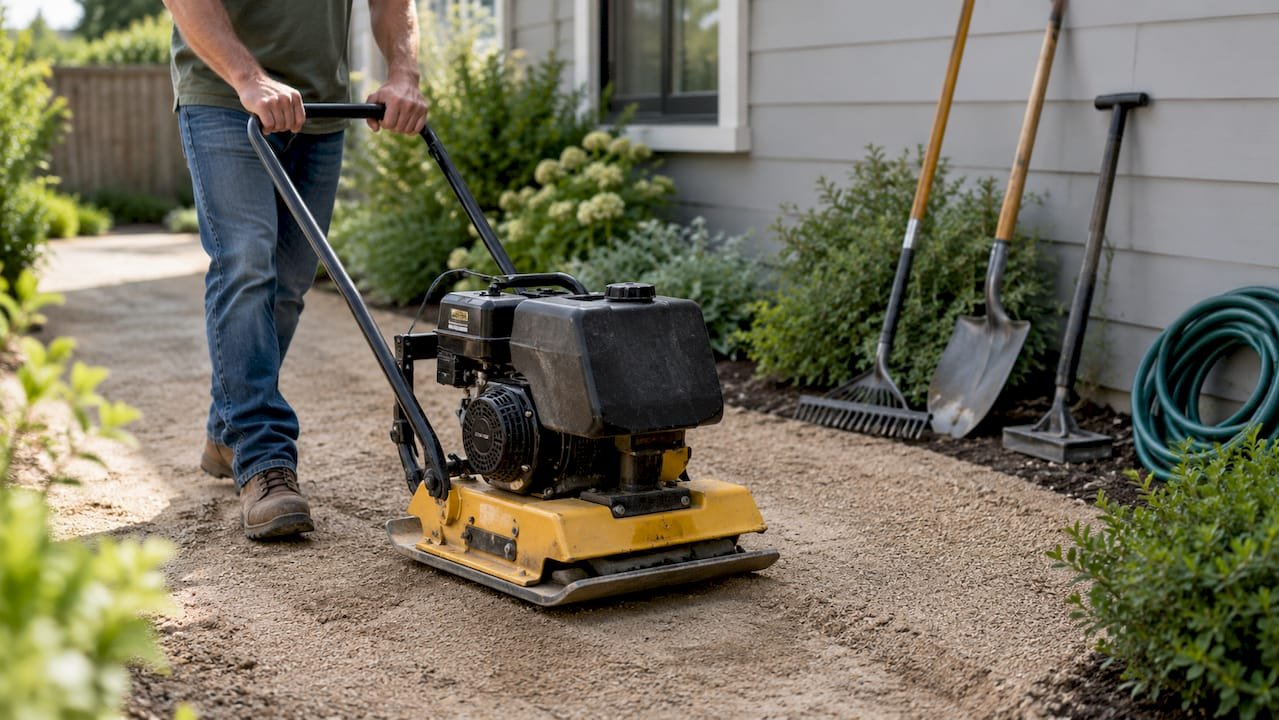 Homeowner compacting a decomposed granite walkway
