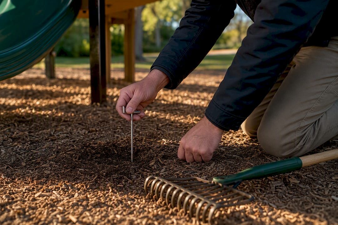 Inspector checking playground surfacing depth