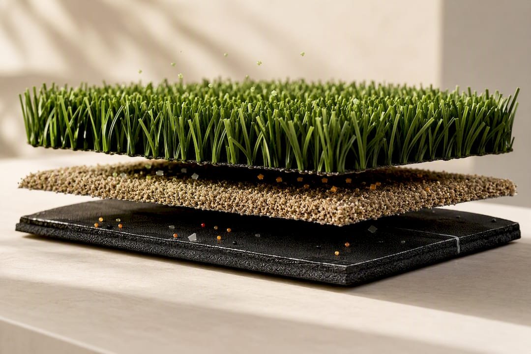 Cutaway showing artificial turf material layers