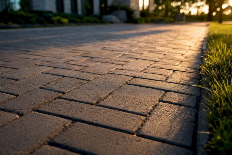 Herringbone pavers forming an interlocking driveway pattern