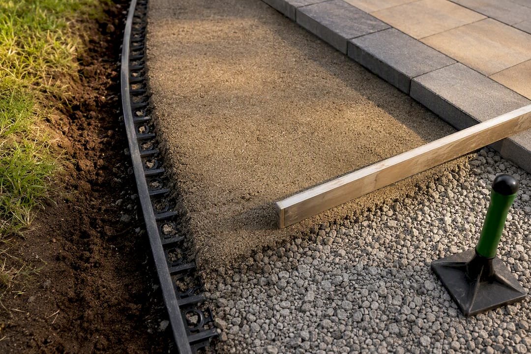 Compacted driveway base beside edge restraint