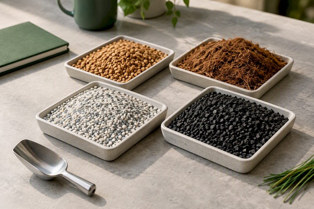 Different turf infill materials in sample trays