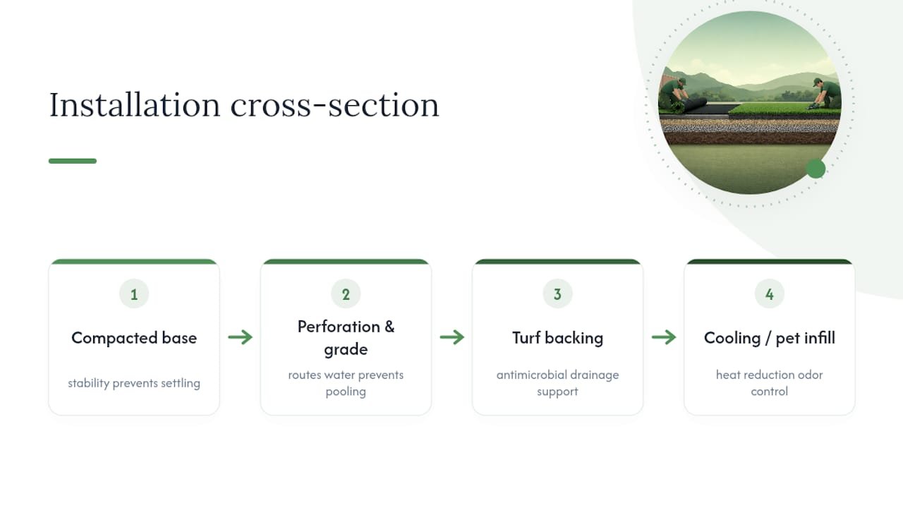Turf installation layers and drainage functions