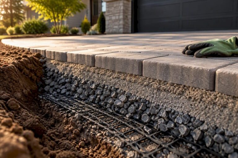 Paver driveway layers with reinforcement grid