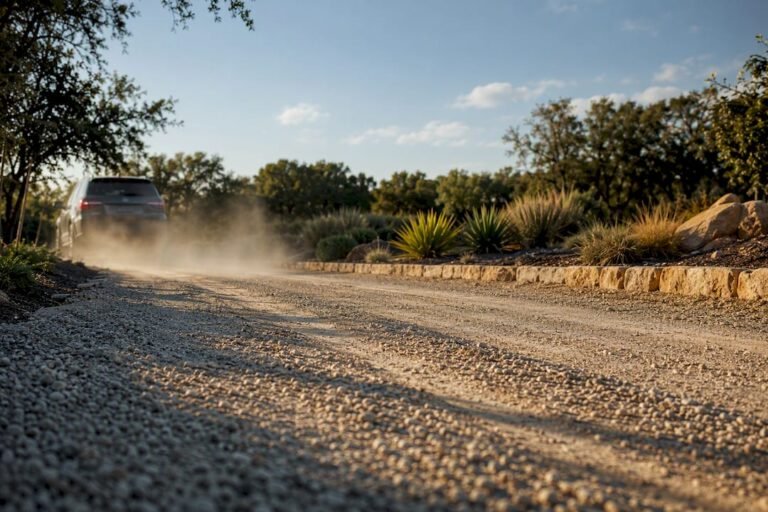 Dust rising from a residential gravel drive
