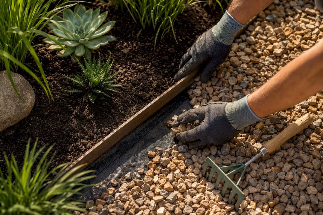 Decorative rock contained by landscape edging