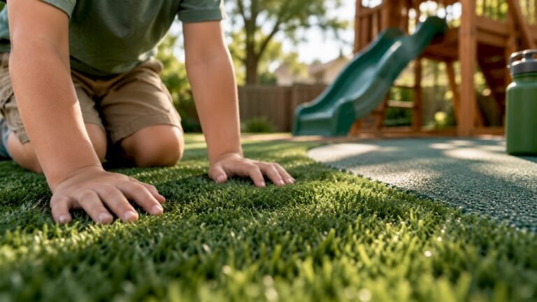 Child’s hands on backyard turf surface