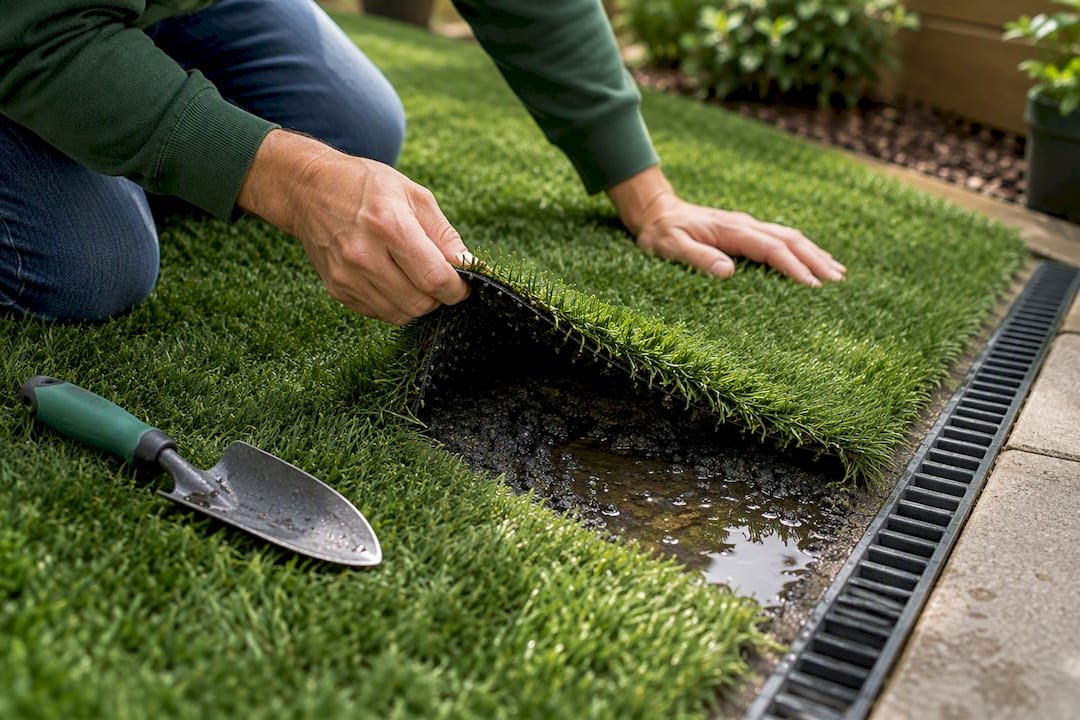 Homeowner inspecting moisture beneath turf