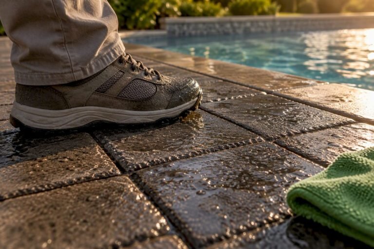 Shoe testing grip on wet pavers