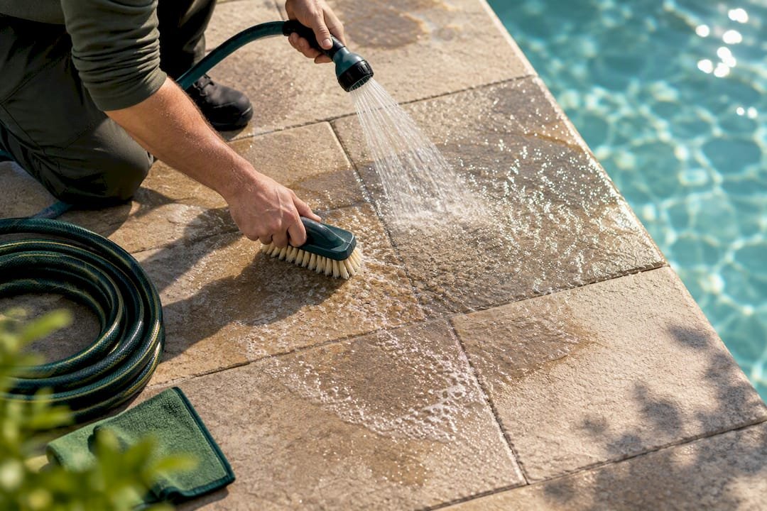 Technician cleaning textured paver pool deck