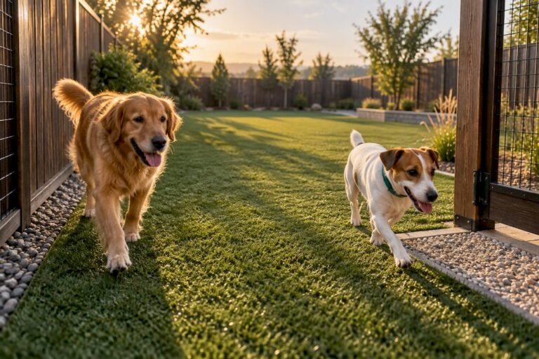 Dogs using a landscaped turf run
