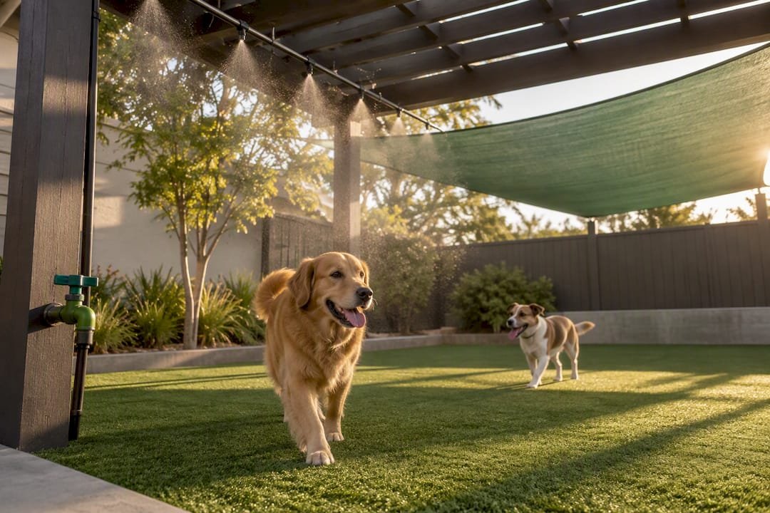 Misting line cooling a covered dog run