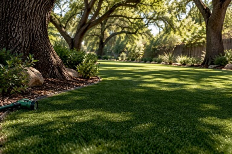 Artificial turf beneath mature trees in shade