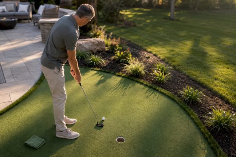 Homeowner assessing backyard putting green size