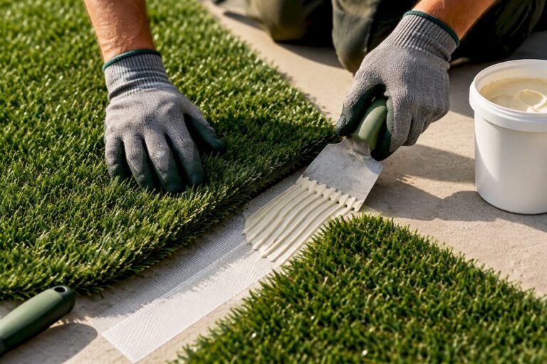 Hands aligning artificial turf seam tape