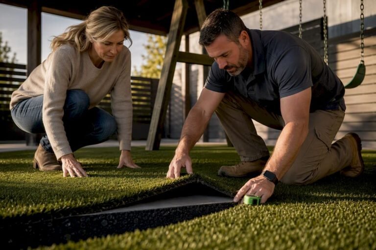 Installer inspecting turf beneath backyard swing