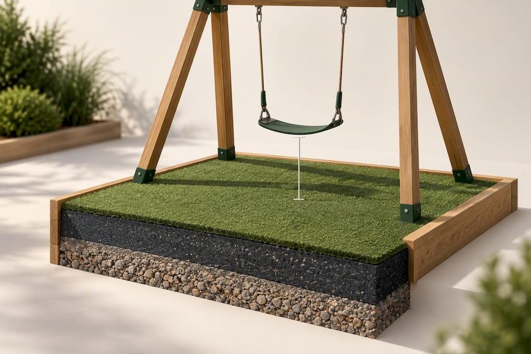 Layered turf pad and base safety illustration