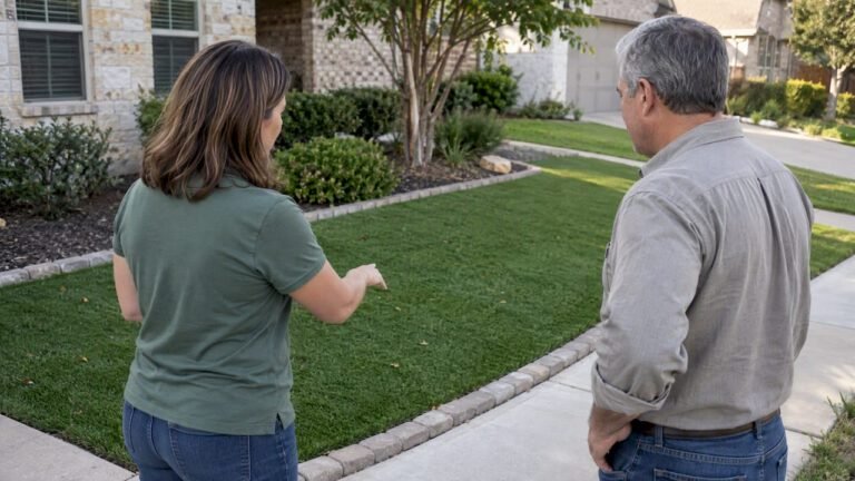 HOA reviewer inspecting artificial grass installation