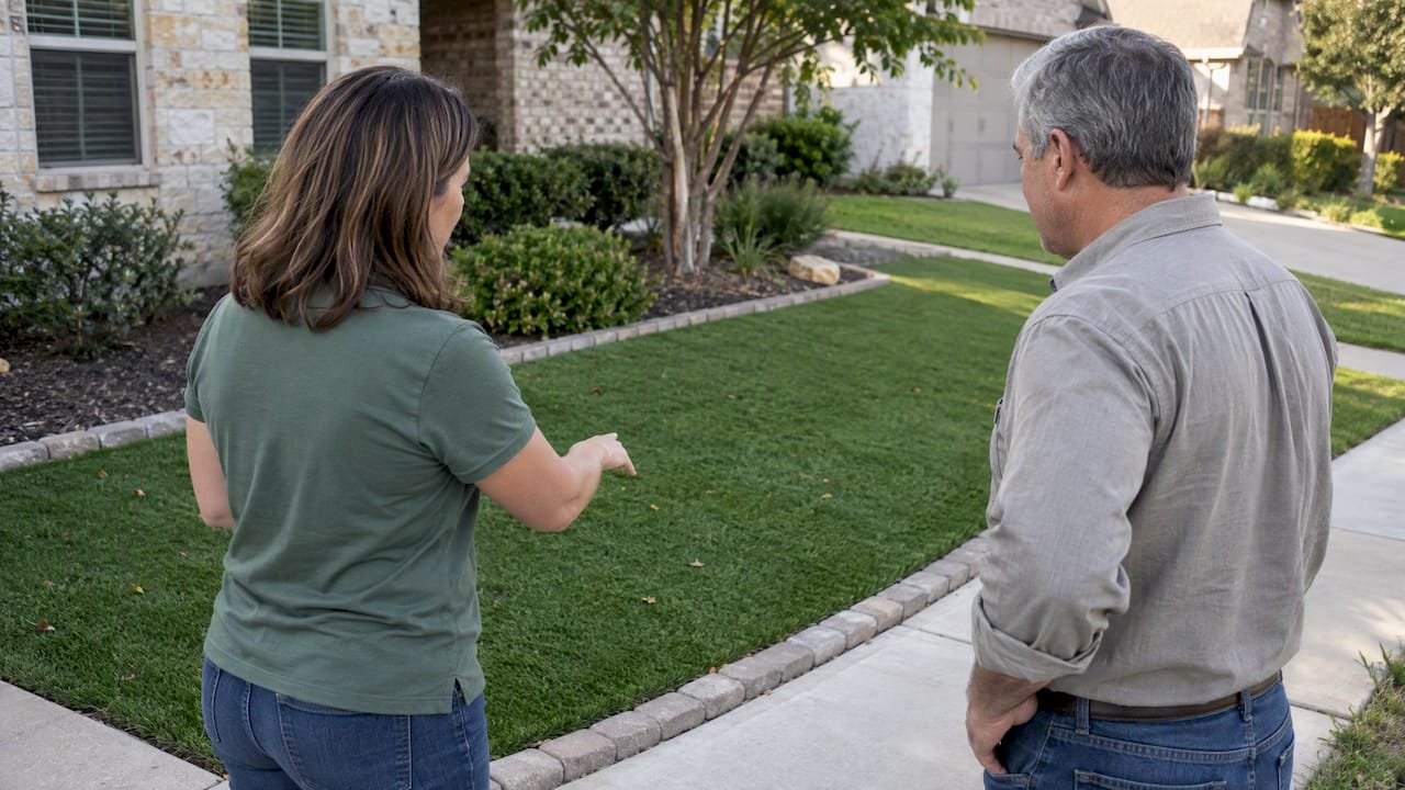 HOA reviewer inspecting artificial grass installation