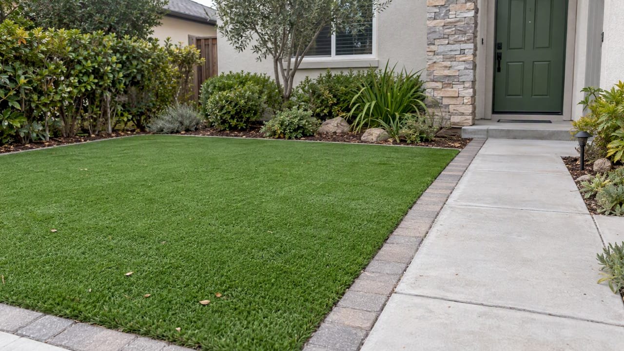 Artificial grass with defined paver border