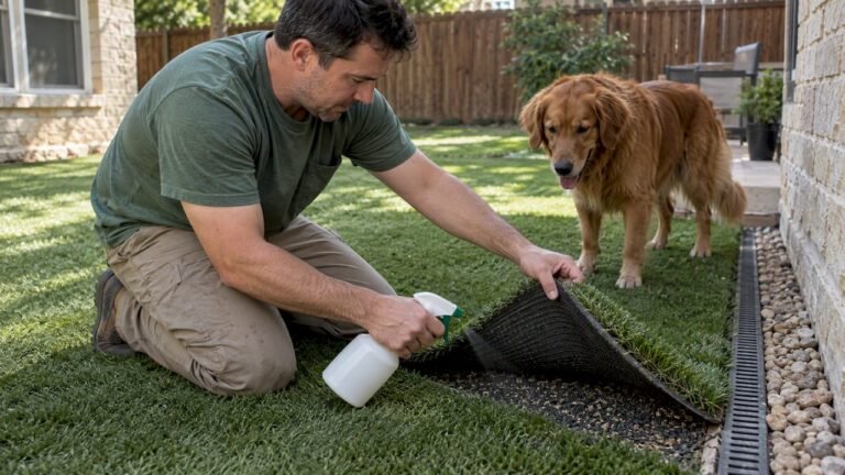 Homeowner exposing turf infill for deodorizing