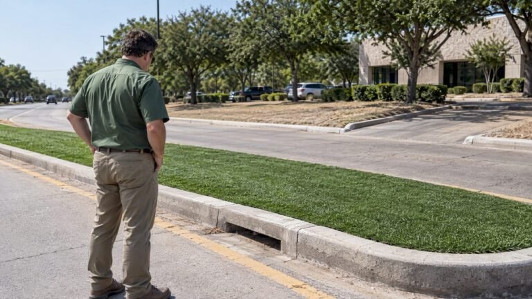 Commercial property manager inspecting a Dallas turf median