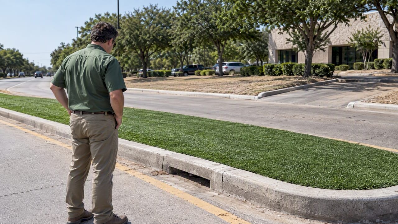 Commercial property manager inspecting a Dallas turf median